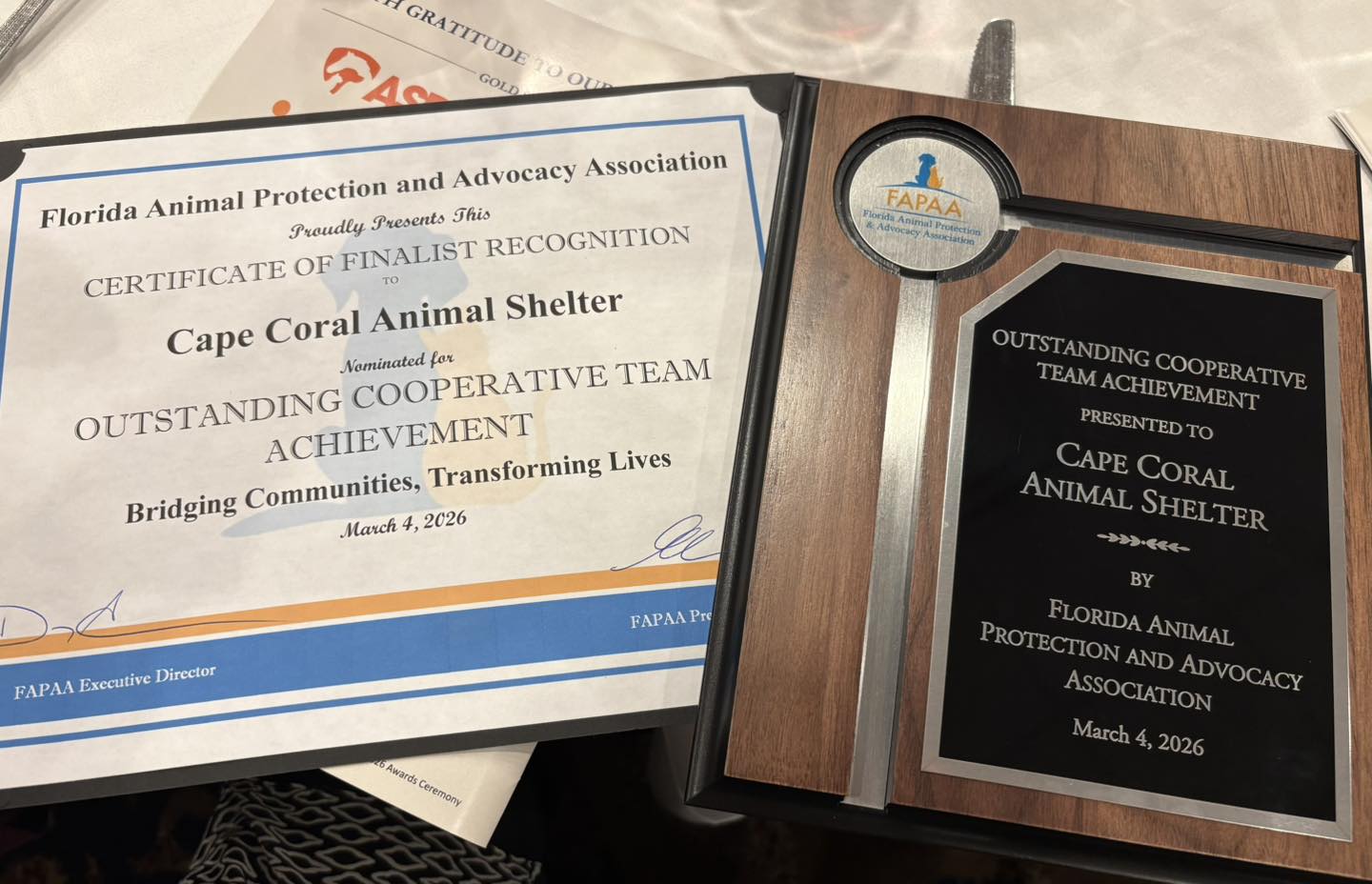 Cape Coral Animal Shelter Receives FAPPA Cooperative Team Achievement Award
